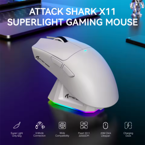 ATTACK SHARK X11 Mouse Gaming Nirkabel Ringan, dilengkapi lampu latar RGB dengan fitur pengisian daya, hingga 22.000 DPI, sensor optik PAW3311, dan saklar HUYU.