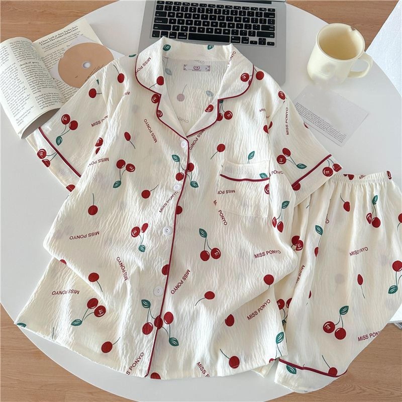 PRODUK TERBARU! Cherry Letter Print Korean Style Women's Pajamas Set Casual Y2K Outside Summer New 2025 Pajamas Set for Women Sweet Home Wear