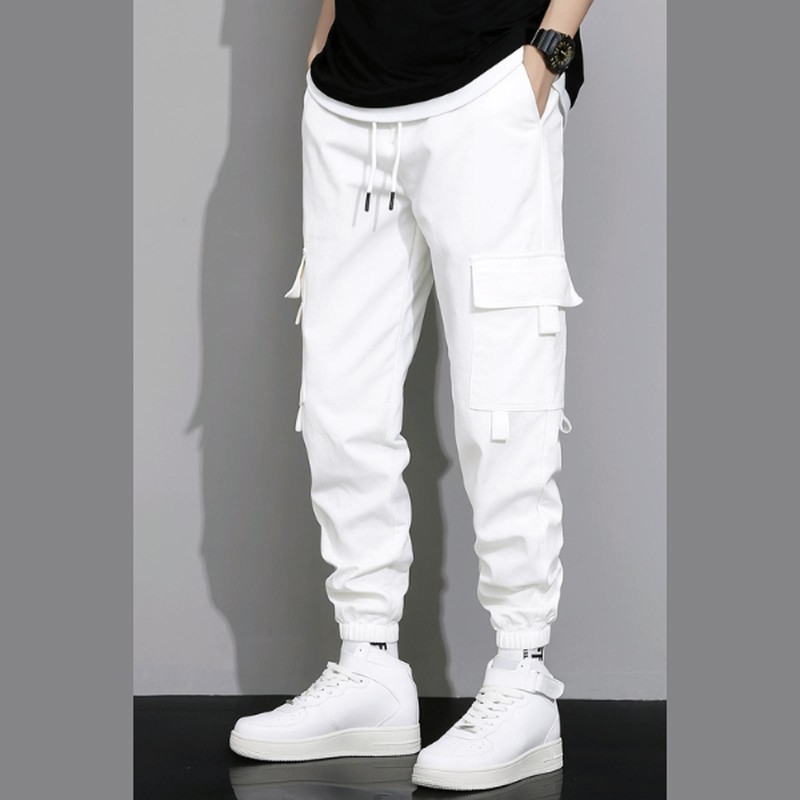 Celana Panjang Pria Jogger Cargo Slim Fit Nyaman Style Korea Casual Sport Pants Pinggang Karet Elastis Desain Multi Saku Fashionable Keren Putih