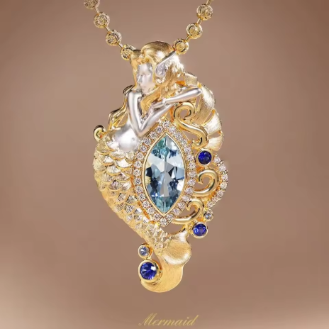 Liontin Putri Duyung Berlian dan Aquamarine 18K Emas