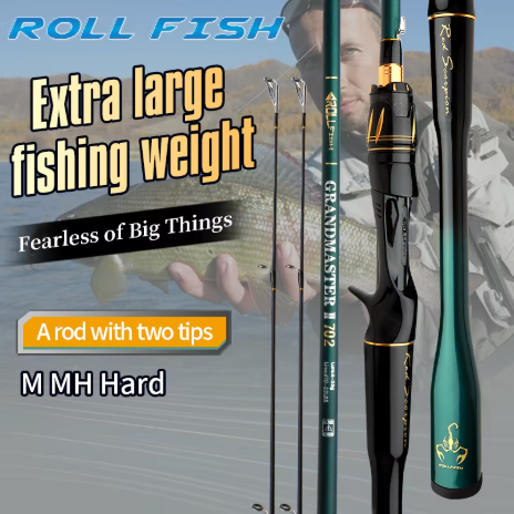 ROLLFISH 2 Pancing Umpan dengan Ujung Rod yang Berputar/Pelempar, Pancing Serat Karbon 1.8-2.7m, Cocok untuk Memancing Ikan Bass di Lautan dan Air Tawar