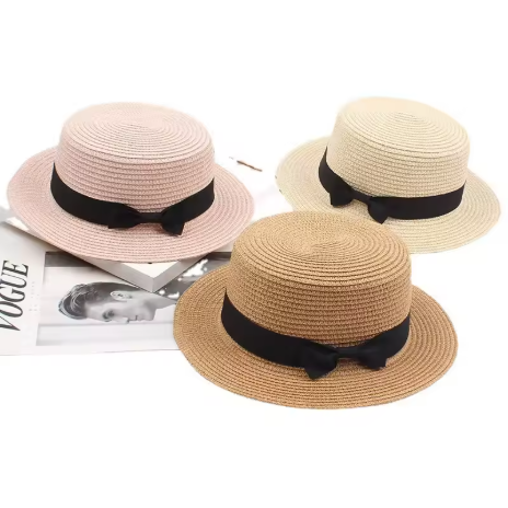 Model Baru Topi Pantai Panama Sederhana Musim Panas, Topi Jerami dengan Pita Busur untuk Wanita, Topi Pelindung Matahari untuk Gadis
