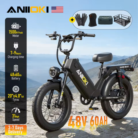 Sepeda Listrik ANIIOKI 2026, Daya Puncak 1500W, Baterai 48V 60Ah, Jarak Tempuh Super Jauh, Kecepatan Maksimal 31 mph, Sepeda Listrik Dewasa, Ban Lebar 20 Inci * 4 Inci
