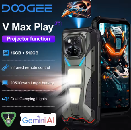 DOOGEE V Max Play Ponsel Tahan Air, Debu, dan Guncangan dengan Proyektor, 16GB+512GB, Baterai 20500mAh, Kamera 200MP, 5G, Layar 6.78 Inci, Lampu Camping Ganda, Sistem Android 15, NFC