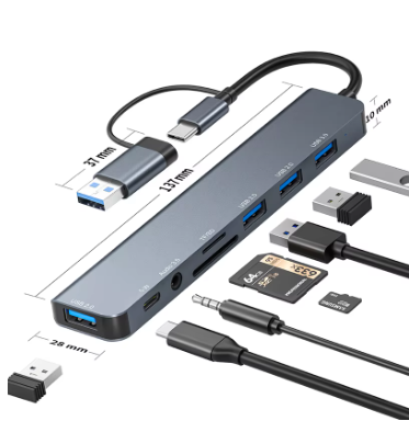 8-in-2 Port USB-C Expander USB 3.0 Hub Type-C Splitter Type-C Docking Station Multi-Port 7-Port Adapter USB Expander for Xiaomi Phones and Tablet