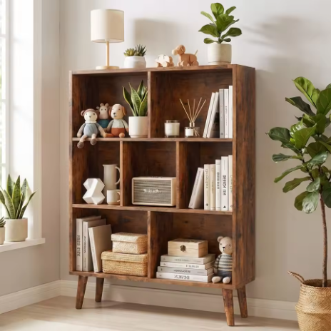 MCQ Rak Penyimpanan 7-Kompartemen dengan Kaki, 3-Tier Rak Buku Modern Berbahan Kayu, Rak Display Terbuka, Cocok untuk Ruang Tamu
