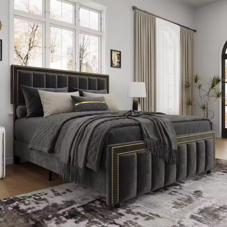 Rangka tempat tidur ukuran penuh, dilengkapi sandaran kepala setinggi 50 inci dan sandaran kaki, tempat tidur platform berlapis kain chenille empuk, motif garis vertikal, dapat dikustomisasi.