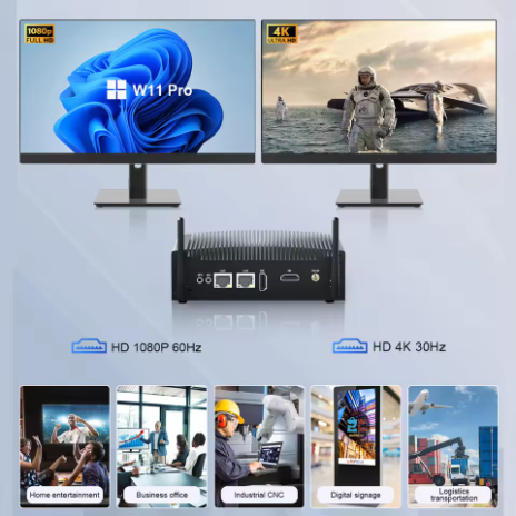 Mini PC tanpa kipas, dilengkapi prosesor Intel Core i3 1215U, dua port RS232, komputer industri, RAM 8GB DDR5, SSD NVMe, Gigabit Ethernet, output 4K HD, WiFi, sistem Windows 11, mendukung mount VESA.