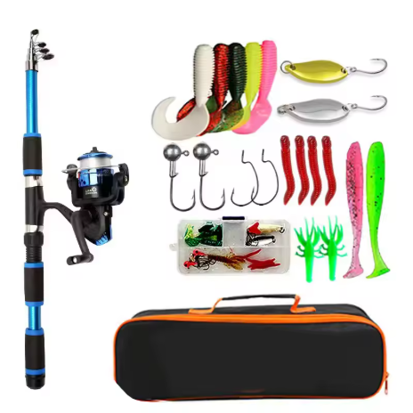 Set Peralatan Memancing, Termasuk Batang Pancing Teleskopik, Reel Pancing Putar, Umpan dan Mata Kail, Set Pancing Perjalanan