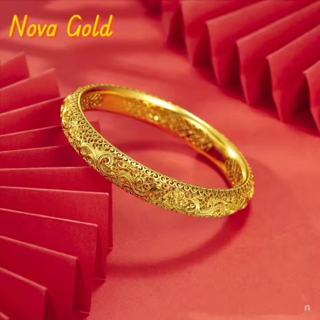 NovaGlod Gelang Pengantin Pernikahan 9999 24K Emas Murni Berbentuk Rangka, Gelang Wanita Gaya Retro Mewah Ringan