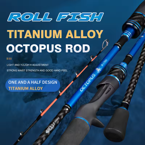 ROLLFISH Ujung Pancing Titanium untuk Memancing Gurita, Cumi-Cumi, dan Sotong, 1,75m / 5,74 kaki, 8 Aksi: 2 Karbon, Batang Lempar Pancing Laut dengan Papan Besi