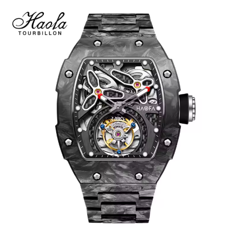 Jam tangan pria Haofa tourbillon serat karbon penuh, desain skeleton (berongga), mekanik otomatis, kaca safir, tahan air, model 2311