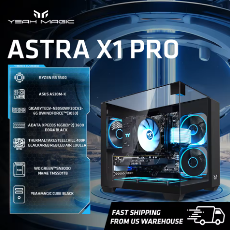 YEAH MAGIC Desktop Gaming AMD Ryzen 5 5500, dilengkapi RAM 16GB (8GB×2) DDR4 3600, SSD NVMe 1TB, kartu grafis 3050, dan sistem operasi Windows 11 Home, dibuat di Amerika Serikat.
