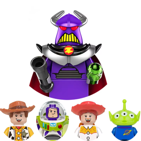 Set 4-in-1 mainan Toy Story: figur Buzz Lightyear, Woody, Zurg (demon), dan karakter pertempuran Sarge/Sergeant, model blok bangunan edukatif, mainan figur balok untuk anak-anak.