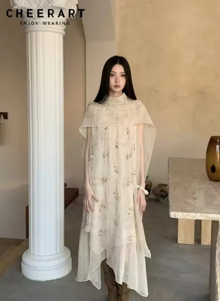 CHEERART Women's Embroidered Floral Summer Sheer Dress, Beige Sleeveless Long Loose Flowing See-Through Dress, Designer Fashion.