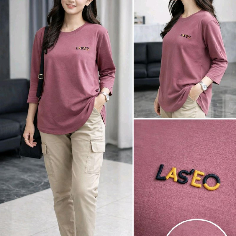 kaos wanita 7/8 oval lengan polos katun combad 24s - hitam, L