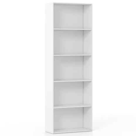 Rak penyimpanan lima tingkat, lemari buku, kabinet pajangan multifungsi modern, furnitur berwarna putih.