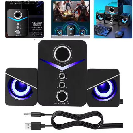 Sistem Speaker LED USB untuk Komputer, Dilengkapi dengan Subwoofer, Stereo, dan Kontrol Bass, Cocok untuk PC Desktop, Laptop, dan Speaker Portabel