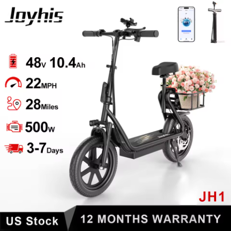 JOYHIS JH1 Skuter Listrik Dewasa dengan Kursi, Kecepatan Maksimal 20 mph, Motor 500W, Baterai 48V/10.4Ah, Pijakan Lebar dan Keranjang Pengangkut yang Lebih Tinggi