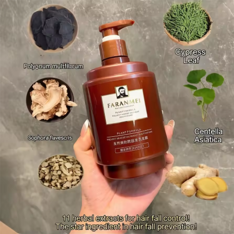 Shampo anti-rontok 500 ml, mengandung jahe, memperkuat akar rambut, menutrisi rambut kering dan rusak, memperbaiki serta menebalkan helai rambut.