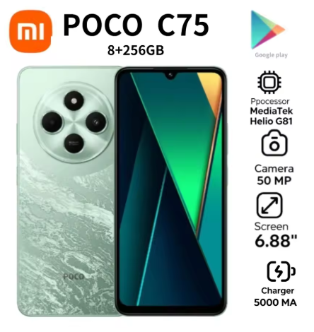 POCO C75 Global Version Ponsel Android, Layar 6.88 Inci 120Hz, Baterai 5160mAh, 8GB+256GB Dual SIM, Model Terbaru 2026