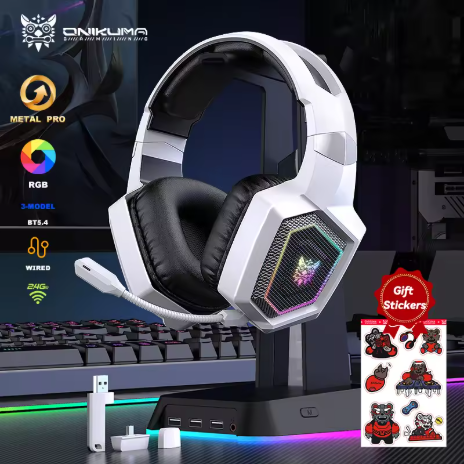 ONIKUMA 2.4GHz Headset Gaming Nirkabel, Cocok untuk PS5, PS4, PC, dan Mac, Dilengkapi dengan Fitur Pengurangan Suara, Mikrofon, dan Efek Lampu RGB