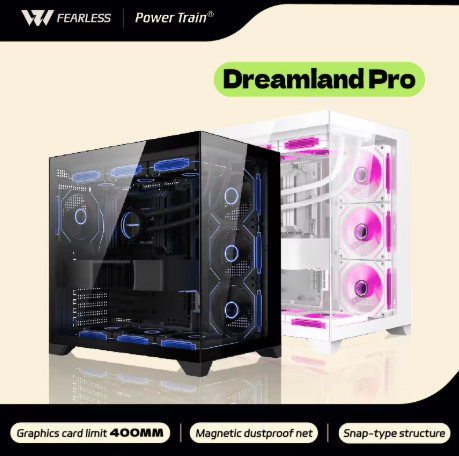 Sistem Daya Dreamland PRO, motherboard ATX, PC gaming, pendingin air 360, casing komputer gaming dengan kaca ganda, tampilan panorama laut.