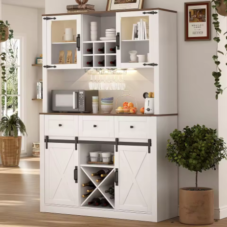 VOWNER lemari bar gaya farmhouse dengan pintu geser model barn door, buffet cabinet / sideboard, dilengkapi rak gantung gelas anggur, kabinet penyimpanan dapur.