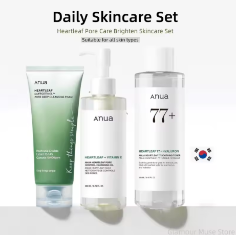 Set Perawatan Kulit ANUA Heartleaf 77 Pcs, Toner Penenang dan Penghilang Jerawat, Lotion Harian, Foam Pembersih Mendalam, dan Minyak Pembersih dari Korea