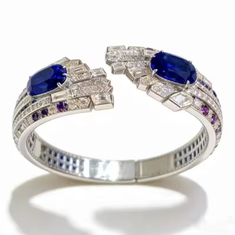 Gelang Perak 925 Mewah dan Eksklusif, Dihiasi dengan Dua Safir Biru, Perhiasan Pesta Elegan, Gelang Pembuka Pengantin, Model Wanita