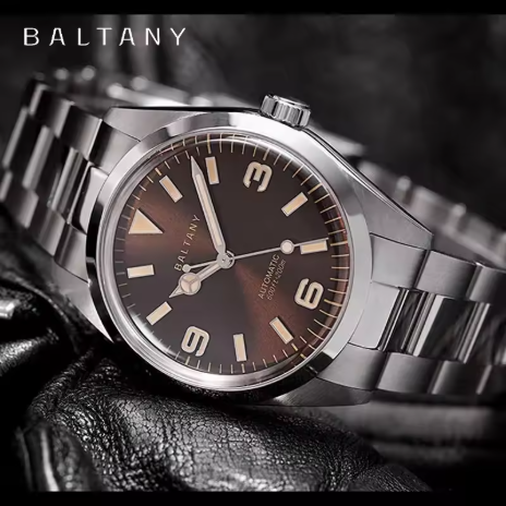 Baltany Jam Tangan Vintage Explorer Replika, Dial 39 mm dengan Kaca Kristal Safir, Tahan Air hingga 200 Meter, Penanda Waktu 3D, Jam Tangan Mekanis AR Pria Vintage