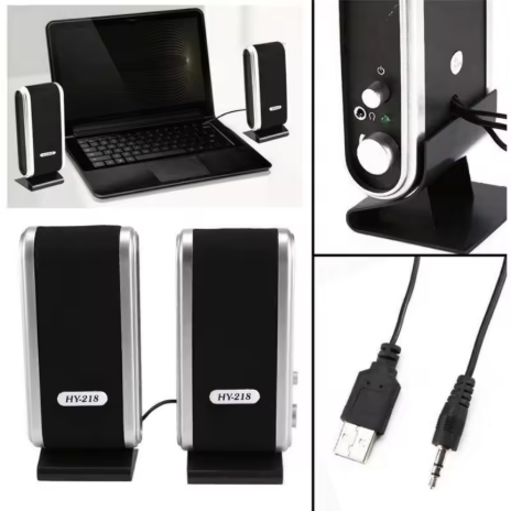 Speaker stereo kabel USB 2.0 6W untuk laptop, dengan koneksi audio 3.5mm, kompatibel dengan PC, laptop, dan Mac, dilengkapi dengan opsi fitur Bluetooth nirkabel.