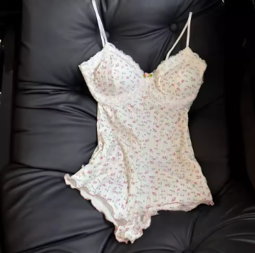 Bodysuit Wanita Sensual dengan Pola, Renda di Pinggir, Tanpa Lengan, Fit dan Ketat, Rompi Musim Panas, Pakaian Dalam Seksi, Pakaian Tidur.