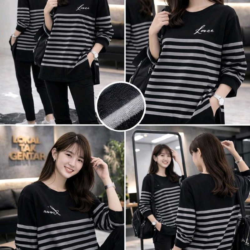 kaos wanita strip belah samping katun combad 24s Las'EO Atasan - hitam, M