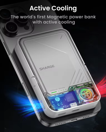 SHARGE ICEMAG 2 Power Bank MagSafe, Pengisian Nirkabel 15W Qi2, Dilengkapi Pendinginan Aktif, Baterai 10000mAh, Cocok untuk iPhone 16/15 dan Galaxy