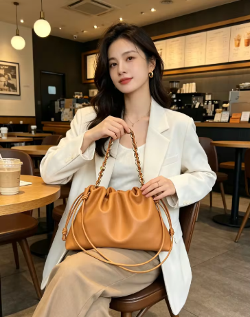 Tas Bahu Wanita Warna Caramel dengan Lipatan Awan, Tas Tangan Sederhana dan Lembut, Cocok untuk Gaya Santai dan Komuter Sehari-hari.
